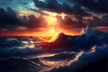 Sunset By The Ocean Illustrationの写真素材