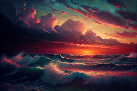 Sunset By The Ocean Illustrationの写真素材