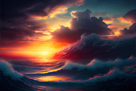 Sunset By The Ocean Illustrationの写真素材