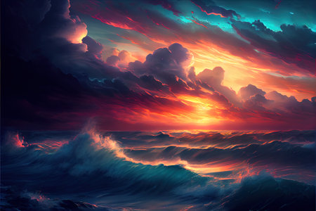 Sunset By The Ocean Illustrationの写真素材