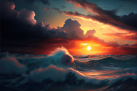 Sunset By The Ocean Illustrationの写真素材