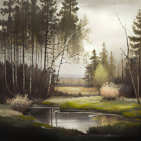 Watercolor Spring Forest Illustrationの写真素材