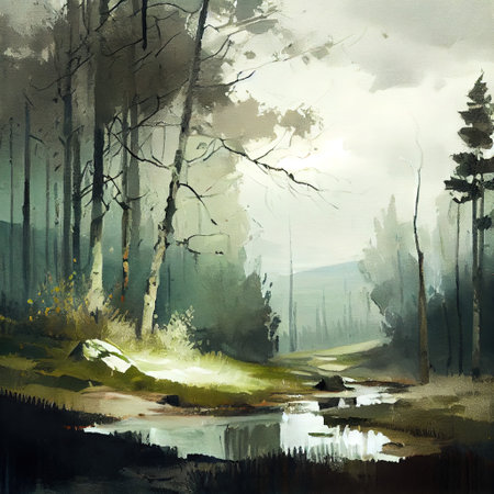 Watercolor Spring Forest Illustrationの写真素材