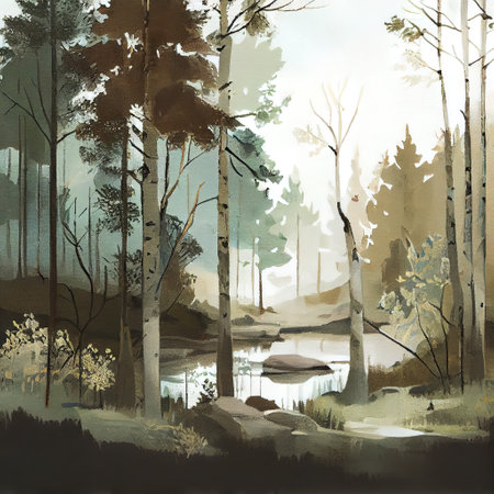 Watercolor Spring Forest Illustrationの写真素材