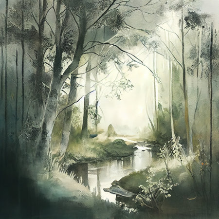 Watercolor Spring Forest Illustrationの写真素材