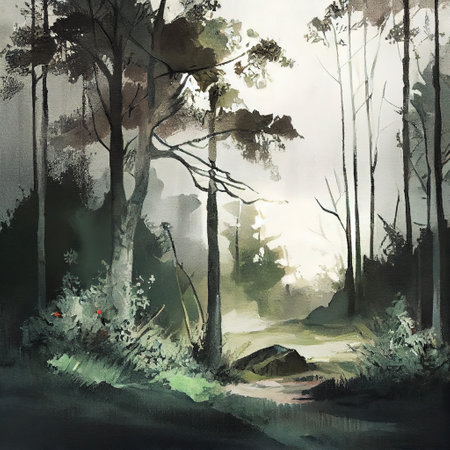 Watercolor Spring Forest Illustrationの写真素材