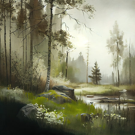 Watercolor Spring Forest Illustrationの写真素材