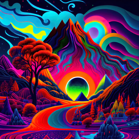 Psychedelic Neon Landscape Illustrationの写真素材