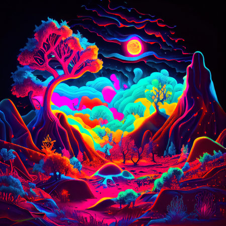 Psychedelic Neon Landscape Illustrationの写真素材