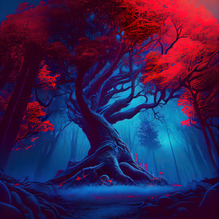 Mystical Red Blue Forestの写真素材