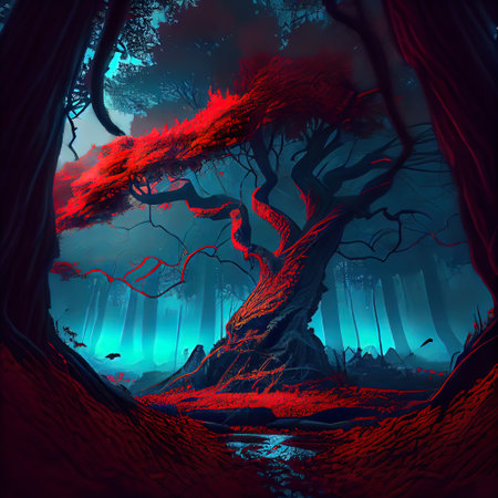 Mystical Red Blue Forestの写真素材