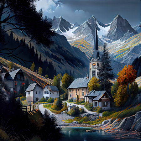 Village In The Alps Paintingの写真素材