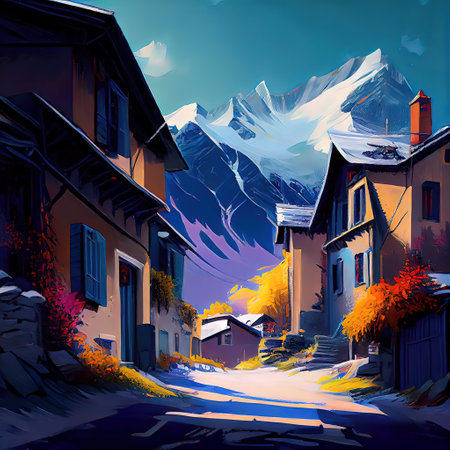 Village In The Alps Paintingの写真素材