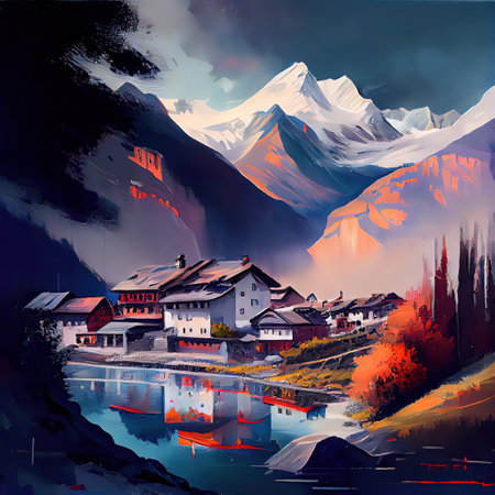 Village In The Alps Paintingの写真素材