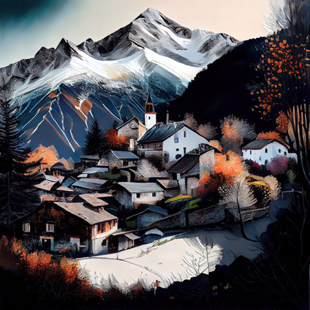 Village In The Alps Paintingの写真素材