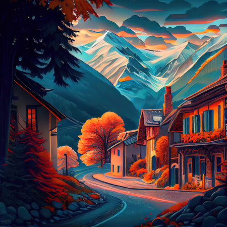 Village In The Alps Paintingの写真素材