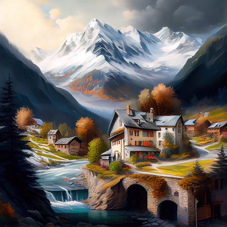 Village In The Alps Paintingの写真素材