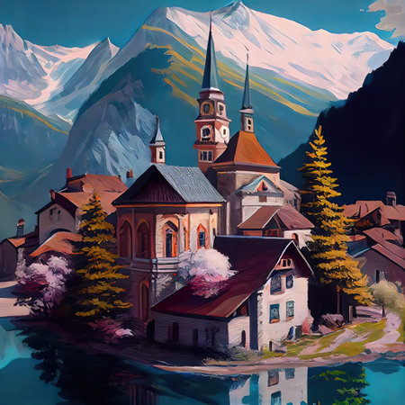 Village In The Alps Paintingの写真素材