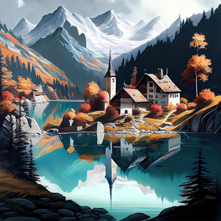 Village In The Alps Paintingの写真素材