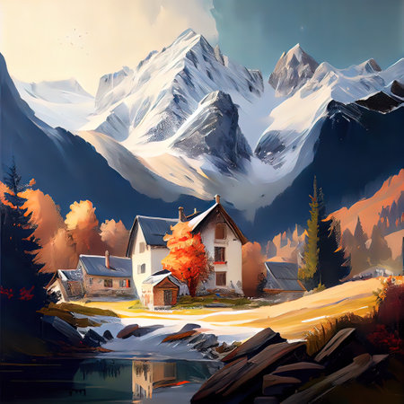 Village In The Alps Paintingの写真素材