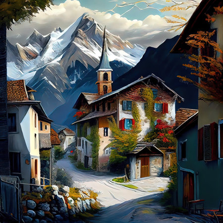 Village In The Alps Paintingの写真素材