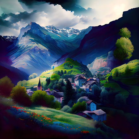 Village In The Alps Paintingの写真素材