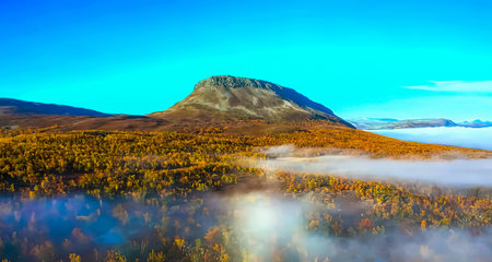 Foggy morning in the autumn mountains. Carpathians, Ukraine, Europe.の写真素材