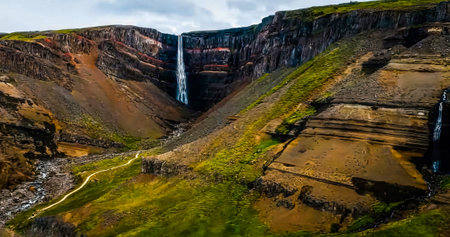 Hengifoss waterfall, Iceland. Hengifoss is one of the most beautiful waterfalls in Iceland.の写真素材