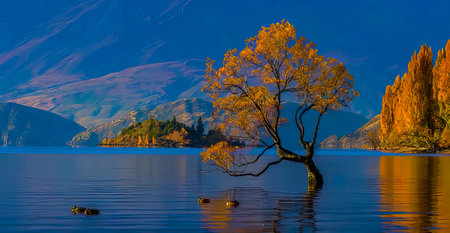 Natural landscape of New Zealand alps and lake. Lake Wanakaの写真素材