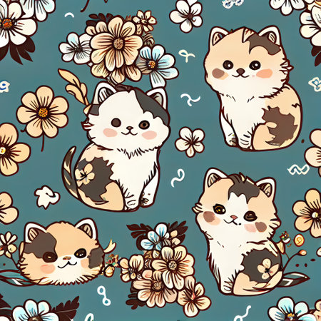 repeating background cute anime cats with floweRsの素材