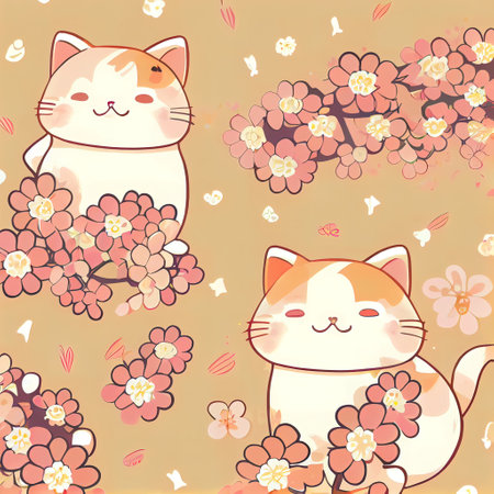 repeating background cute anime cats with floweRsの素材