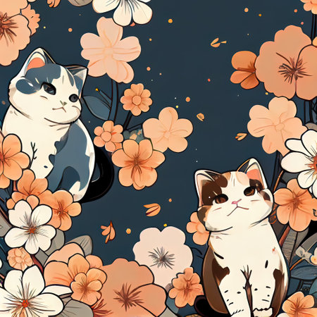 repeating background cute anime cats with floweRsの素材