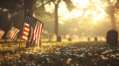 American flags displayed in a cemetery with tombstones and white flowers on a sunny dayの素材