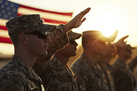 Group of soldiers in uniform saluting with the American flag in the backgroundの素材