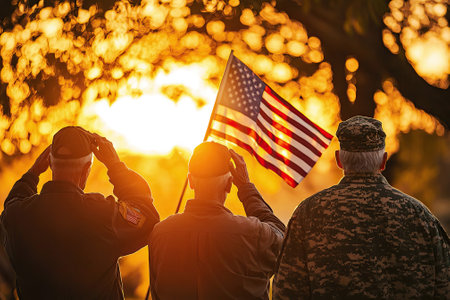 Three veterans salute the American flag at sunsetの素材