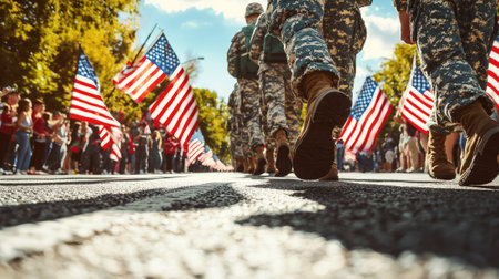 Soldiers march in a parade with American flags on a sunny dayの素材