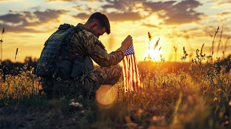 Soldier kneeling in a field holding an American flag at sunsetの素材