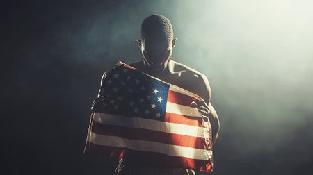 Man holding an American flag in a dark studio with dramatic lightingの素材