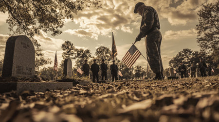 Soldier places american flag at grave in cemetery with honor guard in backgroundの素材