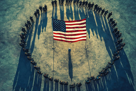 Aerial view of people in a circle around an American flagの素材
