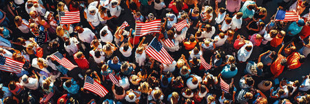 Aerial view of a large crowd of people holding American flagsの素材