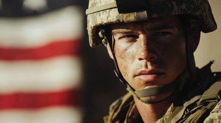 Close up of a soldier in uniform with the american flag in the backgroundの素材