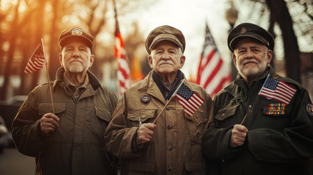 Three veterans stand together holding american flagsの素材