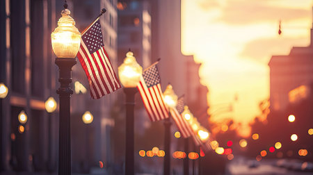 American flags line a city street at sunsetの素材