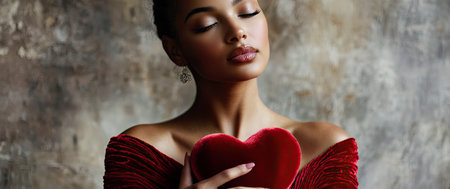 Elegant woman in red dress holding a heart, expressing love and tenderness against a textured background, creating a romantic and sensual atmosphere for Valentine's Dayの素材
