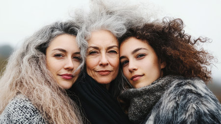 Three generations of women, grandmother, mother, and daughter, posing together in a close portrait capturing a familial bond and the beauty of aging gracefullyの素材