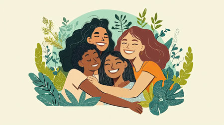 Diverse group of women embracing surrounded by foliage, symbolizing friendship, unity, and connection isolated on white background. Illustration style artwork.の素材