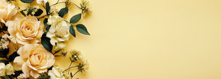 Roses and small white flowers on a solid yellow background, perfect for adding a touch of elegance and beauty to any project or design. Floral arrangement with copy space.の素材