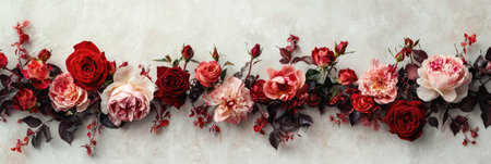 Floral arrangement of red and pink roses with dark leaves on a textured white background, perfect for valentine's day or wedding invitations and romantic designsの素材