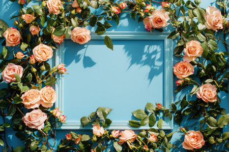 Peach roses and green leaves frame a blue background with copy space, perfect for invitations and announcements, floral arrangement with bright light and shadowsの素材